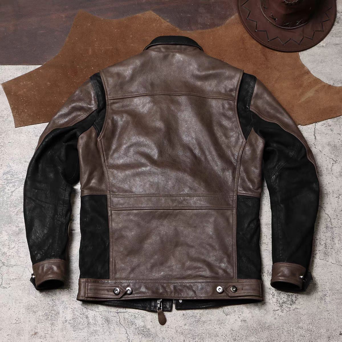 全新♥ ヴィンテージラペル工装レザージャケット M 65 アウトドアハンティング ライディング 本革ジャケット オイルヌバック牛革×ゴートレザー切替 K