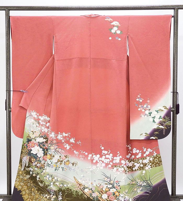振袖 正絹 四季花 水辺 身丈161 cm 裄丈64.5 リサイクル 着物 フォーマル 成人式 e 4140
