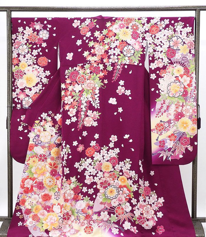 振袖 正絹 雪輪 四季花 身丈169 cm 裄丈68 リサイクル 着物 フォーマル 成人式 e 4132