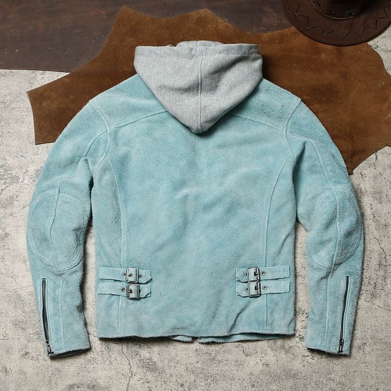 全新♥ ヴィンテージ加工 ダーティウォッシュ 本革ジャケット ソフト薄手スエード カウレザー フード付き ライダース K