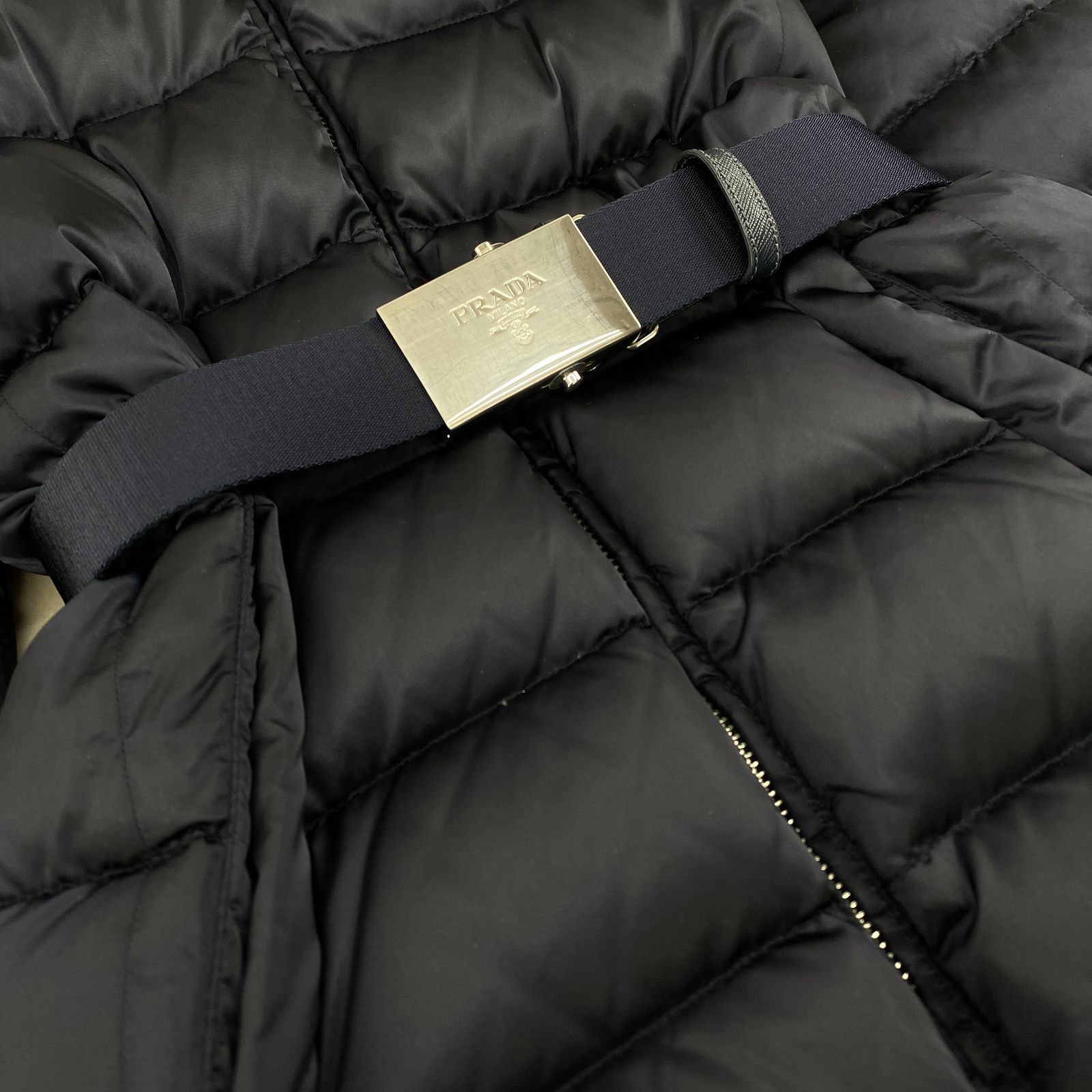 プラダ ダウンコート PRADA ブルーフォックスファー ベルト 38 M・L