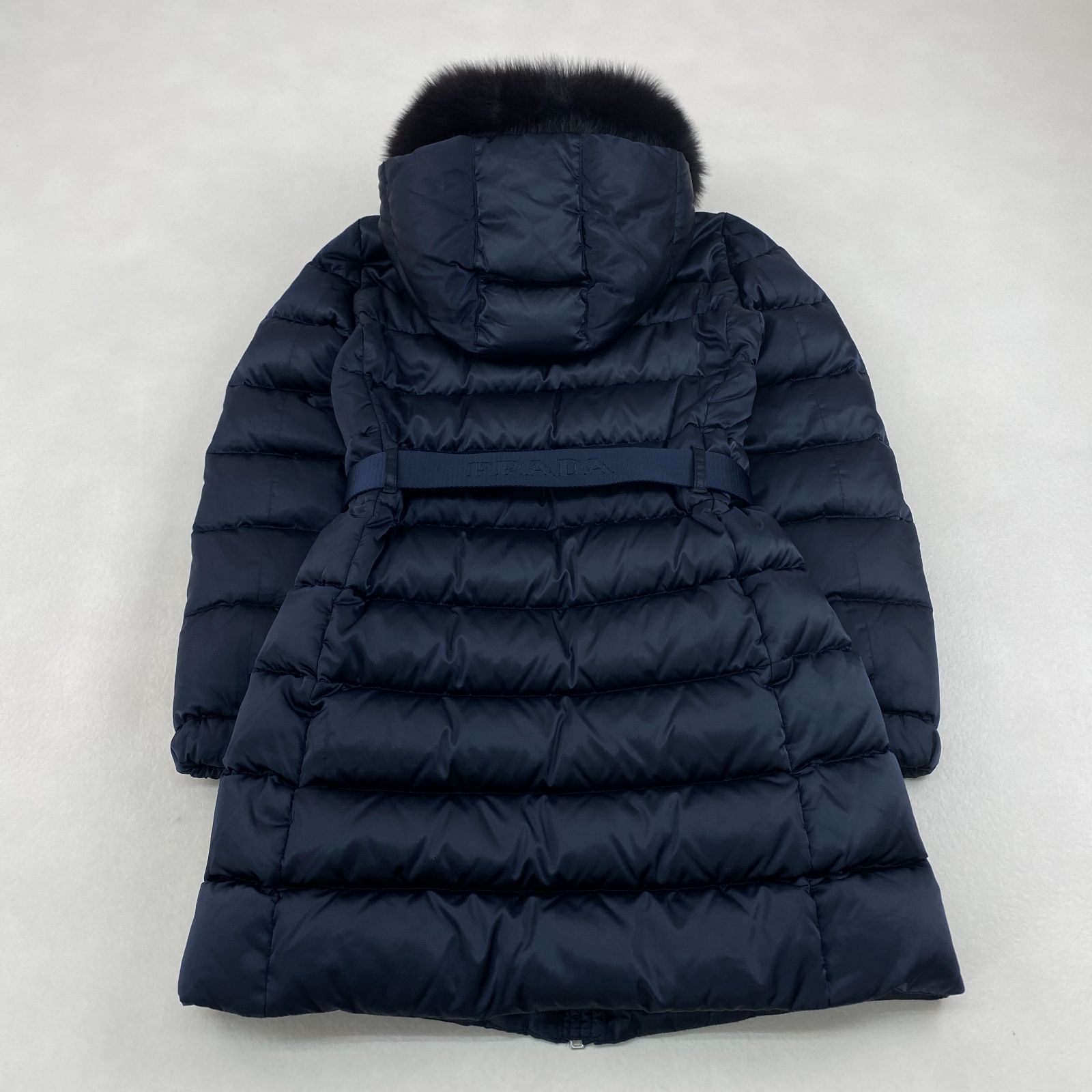 プラダ ダウンコート PRADA ブルーフォックスファー ベルト 38 M・L