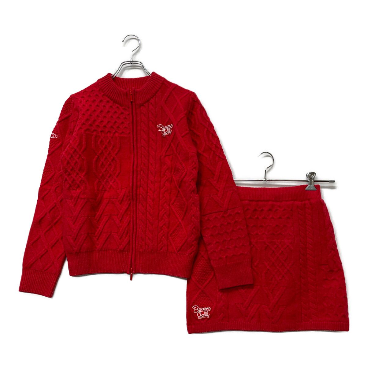 レディース ビームスゴルフ BEAMSGOLF セットアップ S M ピンク 上下サイズ違い ニット ブルゾン スカート