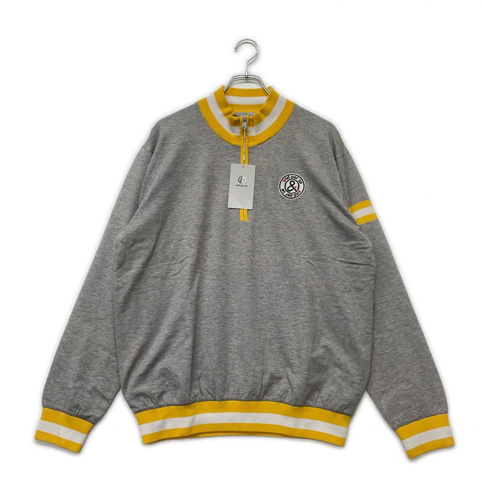 メンズ アンパスィ and per se セーター LL グレー×イエロー ハーフジップ ニット 銀色裏地 防風
