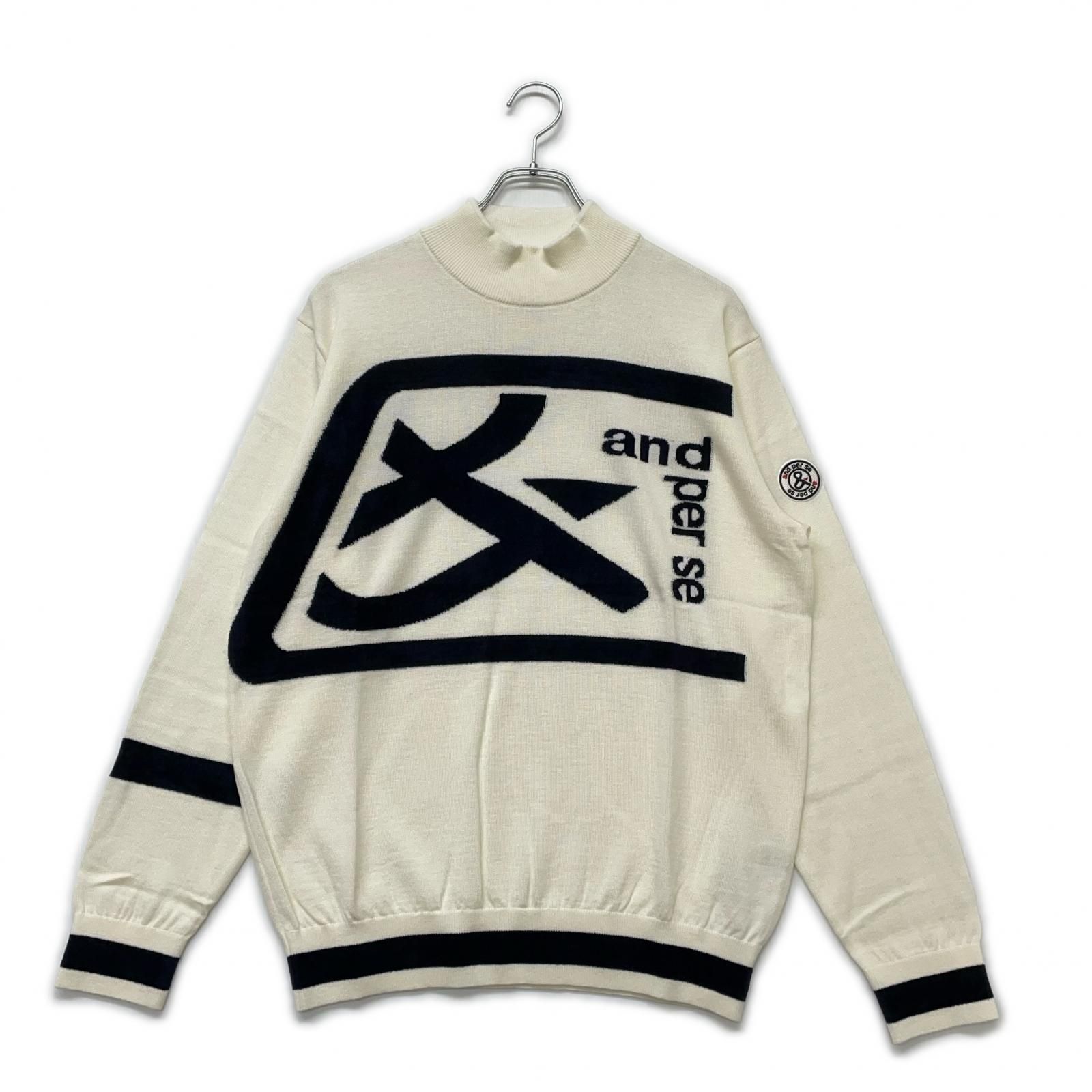 メンズ アンパスィ and per se セーター LL 白 モックネック ビッグロゴ ウール混 ニット