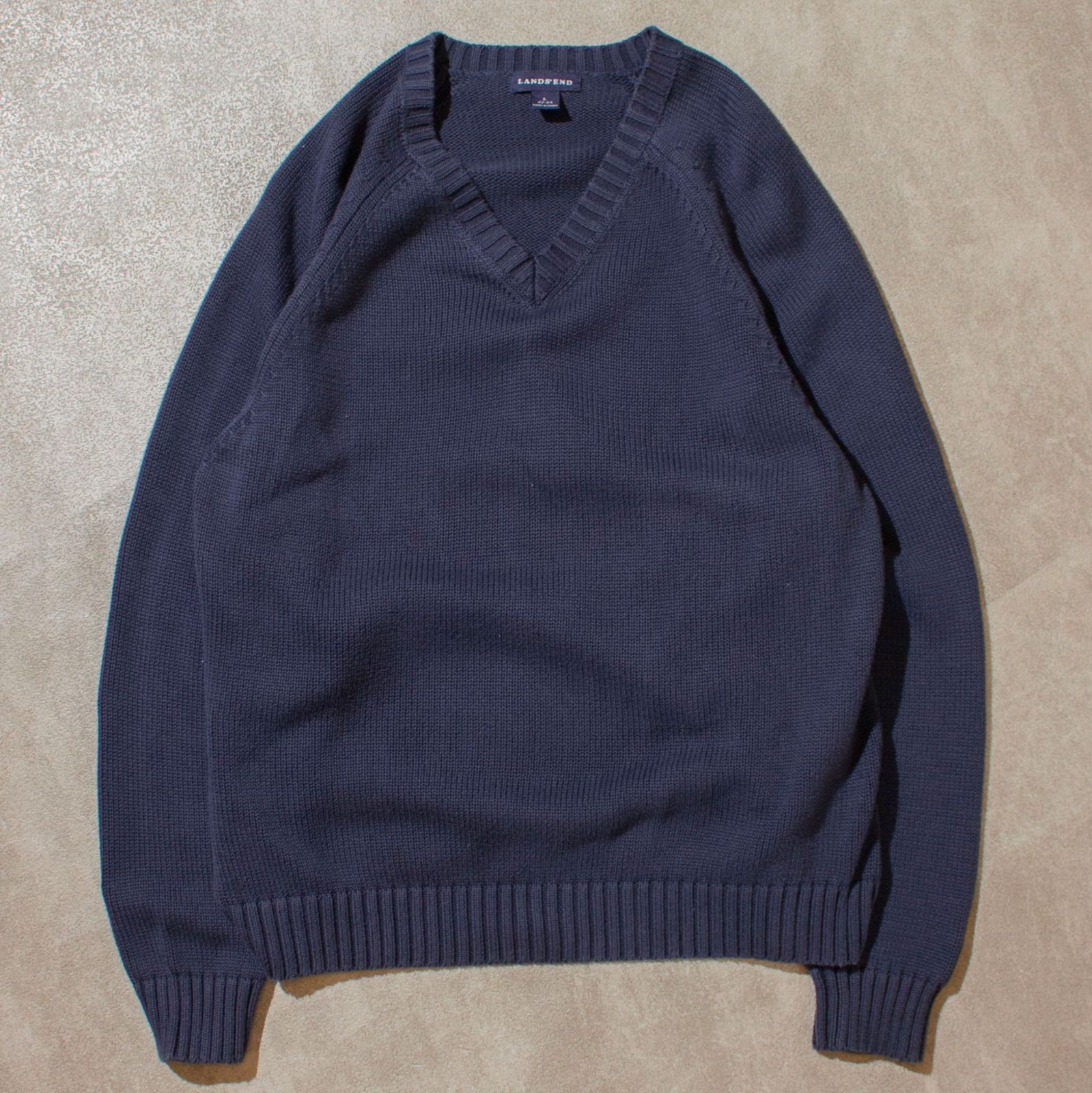 USA製90s LANDS'ENDランズエンドコットンニットVネックセーター紺M Lands' End 00's Cotton V-neck Knit メンズ 古着 ランズエンド