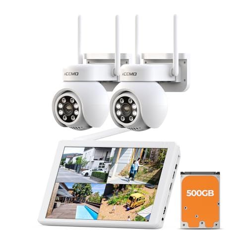 360°全方位監視 24時間録画 ACEMO 防犯カメラ 屋外 ワイヤレス モニター付き 無線 監視カメラ 夜間カラー暗視撮影 人体検知 自動追尾 投光威嚇 音声威嚇 警報通知 双方向音声通話 IP 66防水防塵 簡単設定 室内 家庭用 2台 セット