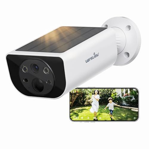 Wansview 防犯カメラ 屋外 ソーラー パネル一体型監視カメラ ワイヤレス充電 300万画素 2 K 100°広角 暗視 PIR人感センサー 声光警報 センサーライト搭載 IP 65防水防塵 太陽電池式バッテリー式 家族共有 双方向通話 SDカ