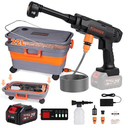 Kisouya 新登場 高圧洗浄機 コードレス 充電式 9 MPa強力噴射 22 L折り畳みバケツ付き 自吸式洗車機 20000 mAh大容量バッテリー 残量表示 6 in 1＆泡ノズル ペットボトル対応 モバイル高圧洗浄機 12 m噴射距離 軽量コンパクト 洗