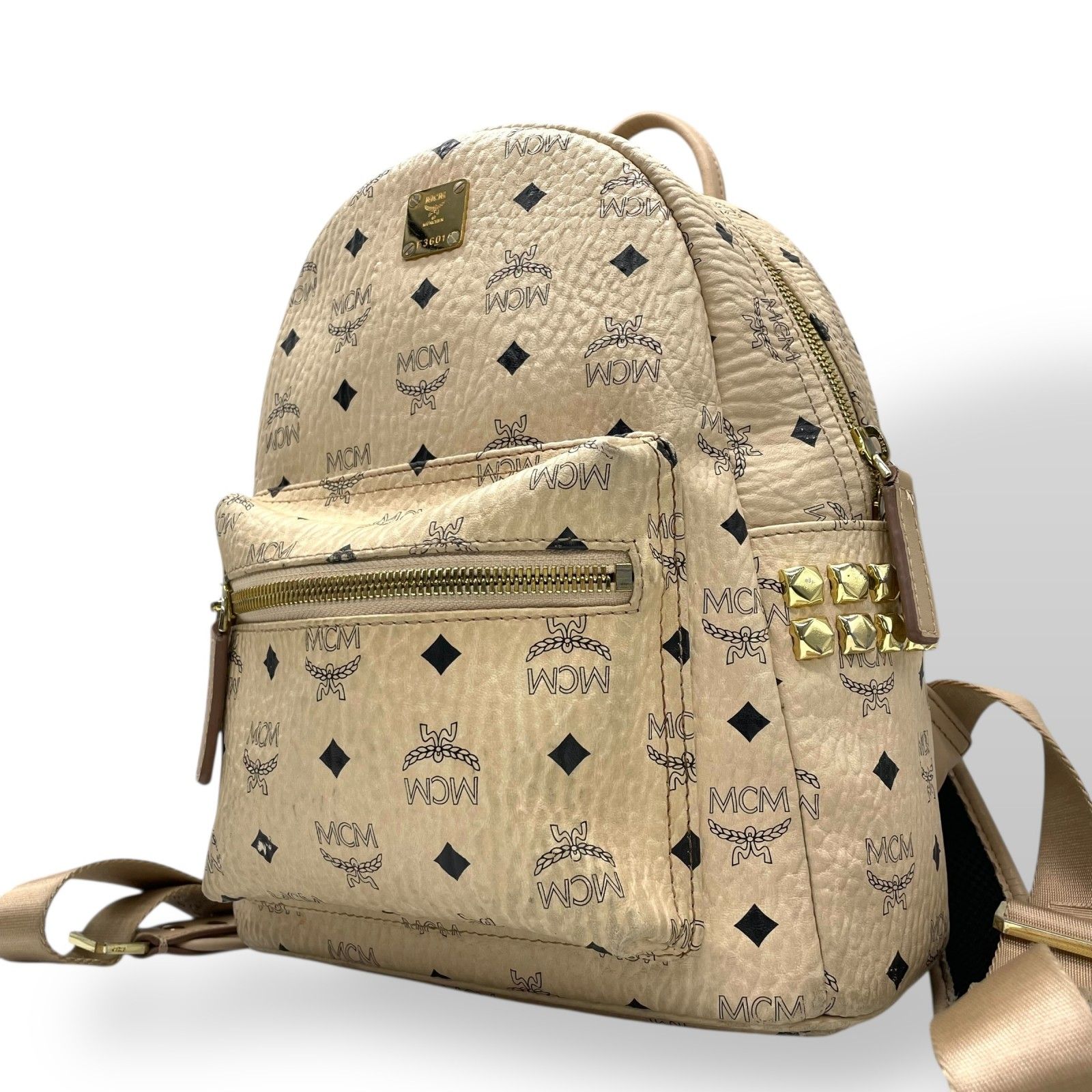 MCM バックパック スタッズ ベージュ ゴールド金具 レザー リュック 