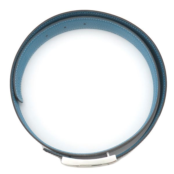 エルメス HERMES ベルト Hベルト ラッキーメタル ボックスカーフ トゴ ブラック×ブルージーン 85 シルバー金具 Hモチーフバックル 黒 青 リバーシブル K刻印 箱