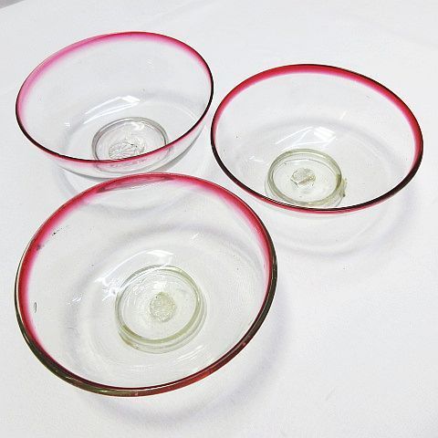 ウランガラス ウラン硝子 赤縁 デザートボウル 3点セット 明治～大正時代 アンティーク ヴィンテージ E 452 Z