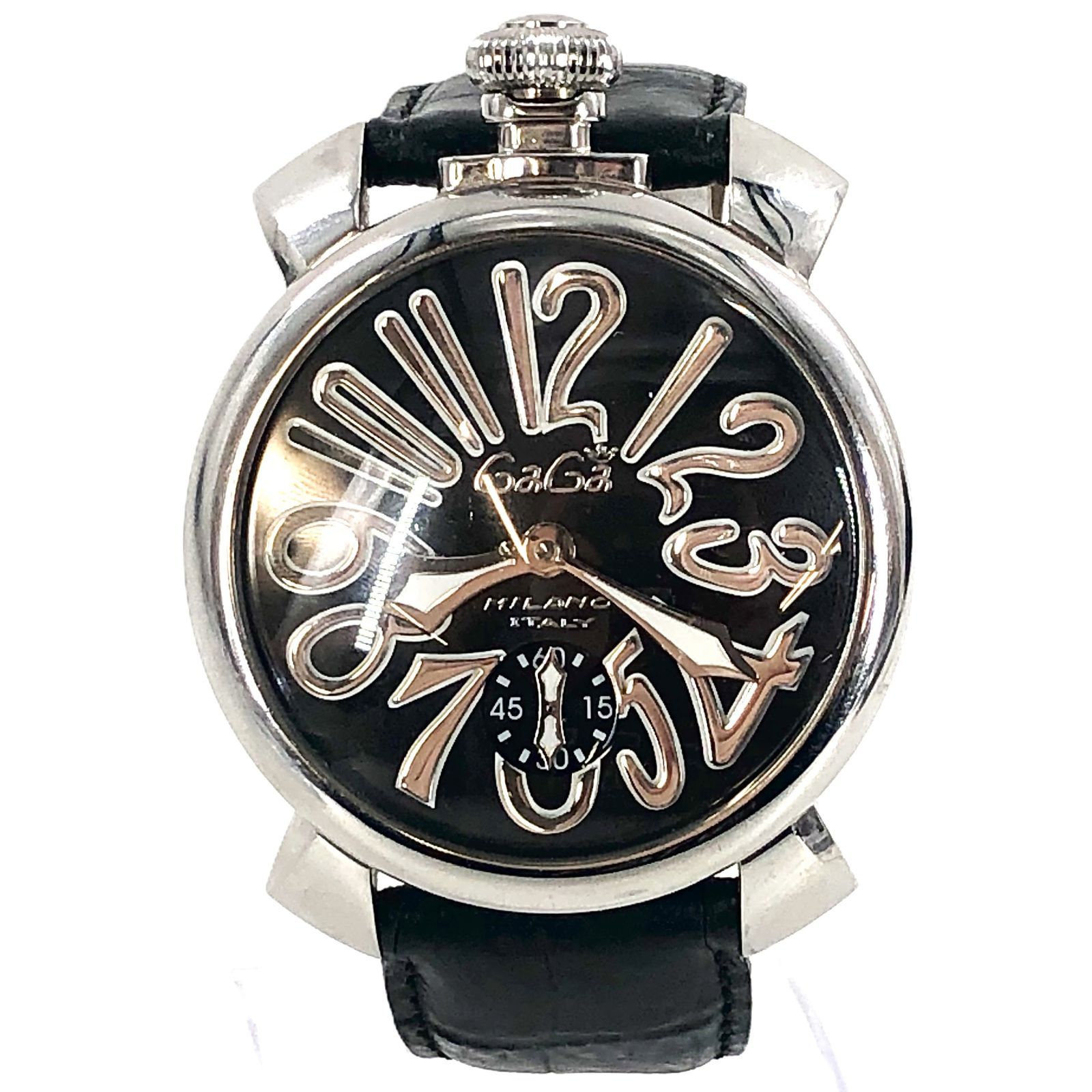 GaGa MILANO ガガミラノ マヌアーレ SS×レザー 手巻き ブラック文字盤 メンズ腕時計 稼動品 PF-538