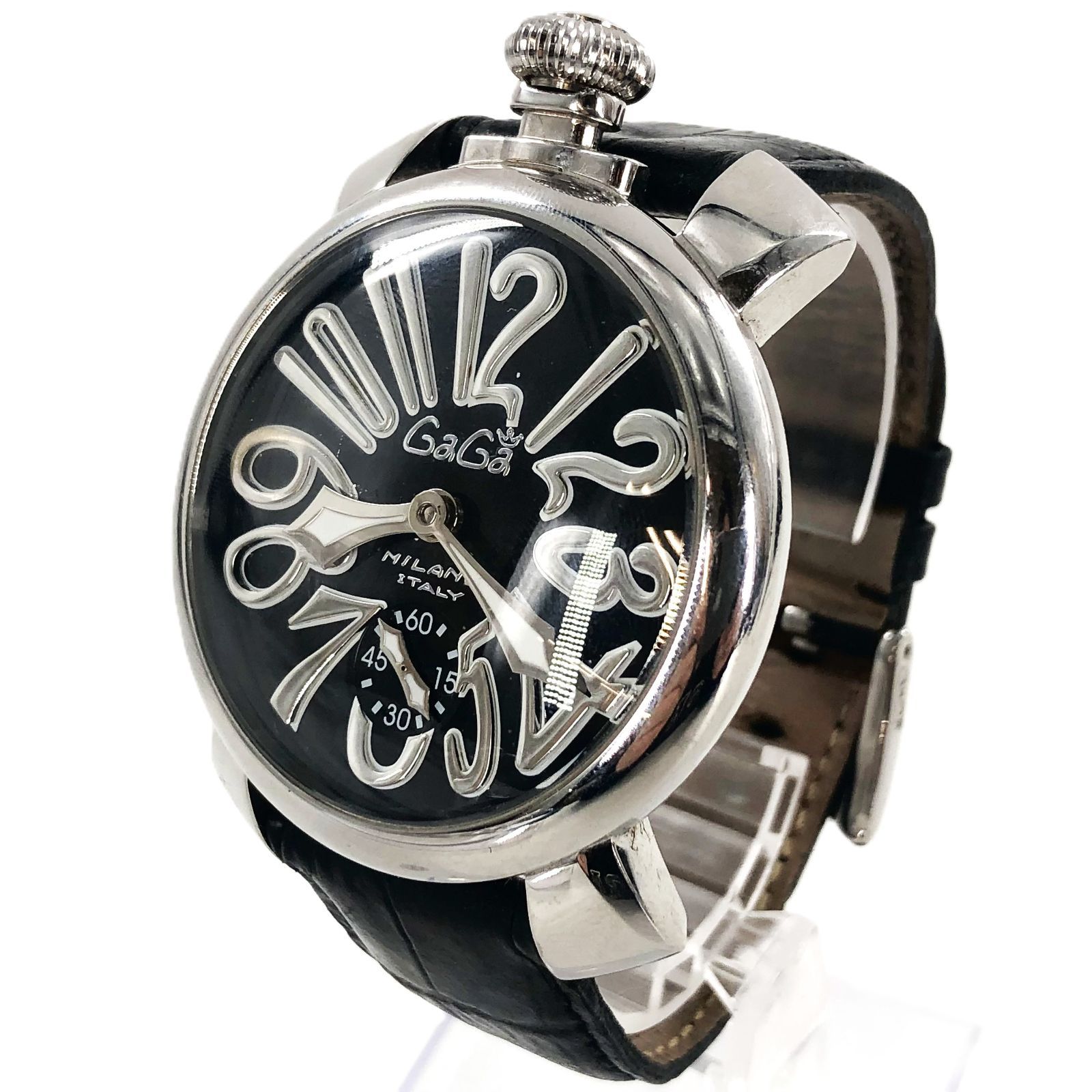 GaGa MILANO ガガミラノ マヌアーレ SS×レザー 手巻き ブラック文字盤 メンズ腕時計 稼動品 PF-538