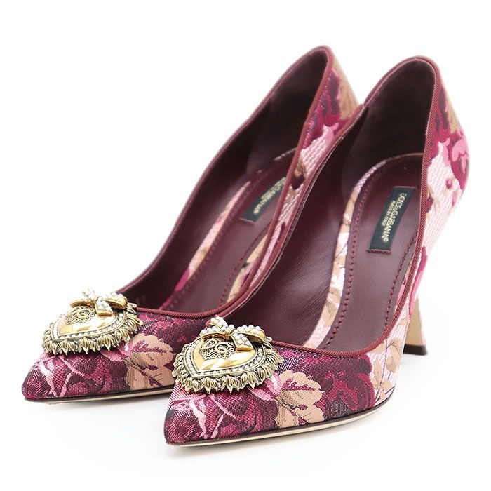 DOLCE GABBANA ドルチェアンドガッバーナ パンプス ハイヒール DGロゴ リボン ハート メタルパーツ ジャガード フローラル 花柄 メタリック シューズ 靴 箱 袋付属 レディース サイズ 37 紫 桃色 金色 イタリア製