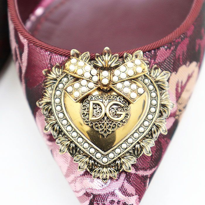 DOLCE-GABBANA ドルチェアンドガッバーナ パンプス ハイヒール DGロゴ リボン ハート メタルパーツ ジャガード フローラル 花柄 メタリック シューズ 靴 箱 袋付属 レディース サイズ 37 紫 桃色 金色 イタリア製