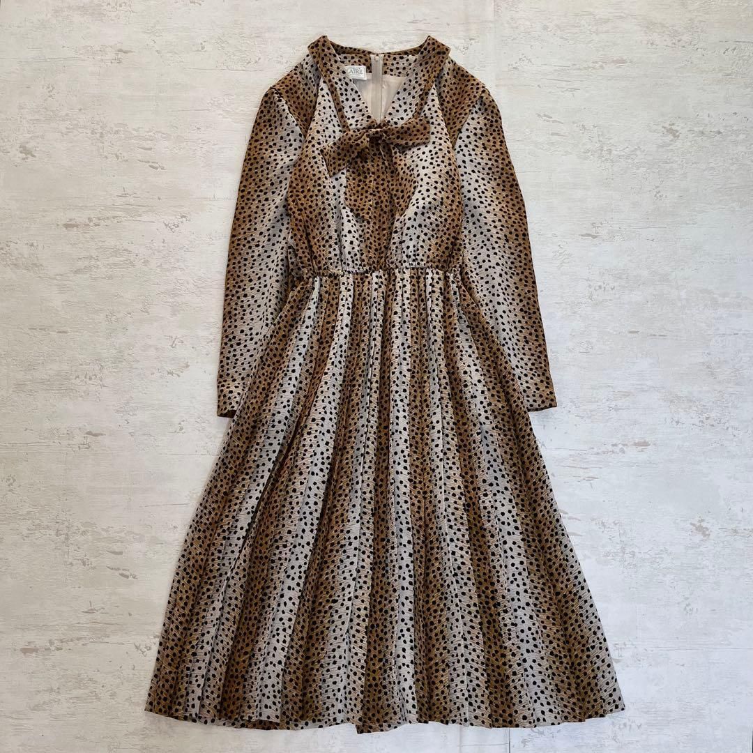 ヴィンテージ風 リボンタイヒョウ柄長袖ロングワンピース 上品レトロ11号