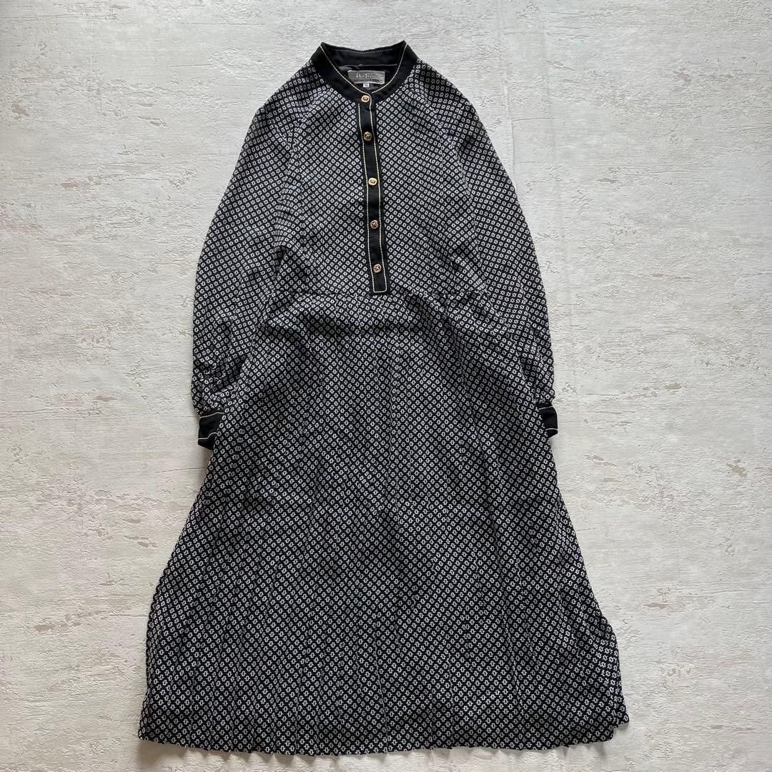 昭和レトロ幾何学パターン柄長袖ロングワンピース 黒