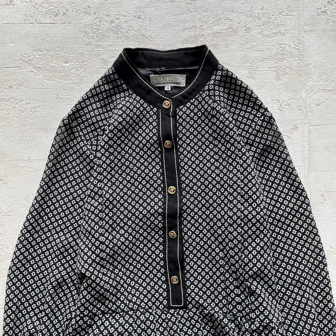 昭和レトロ幾何学パターン柄長袖ロングワンピース 黒×白×ゴールドフリーサイズ