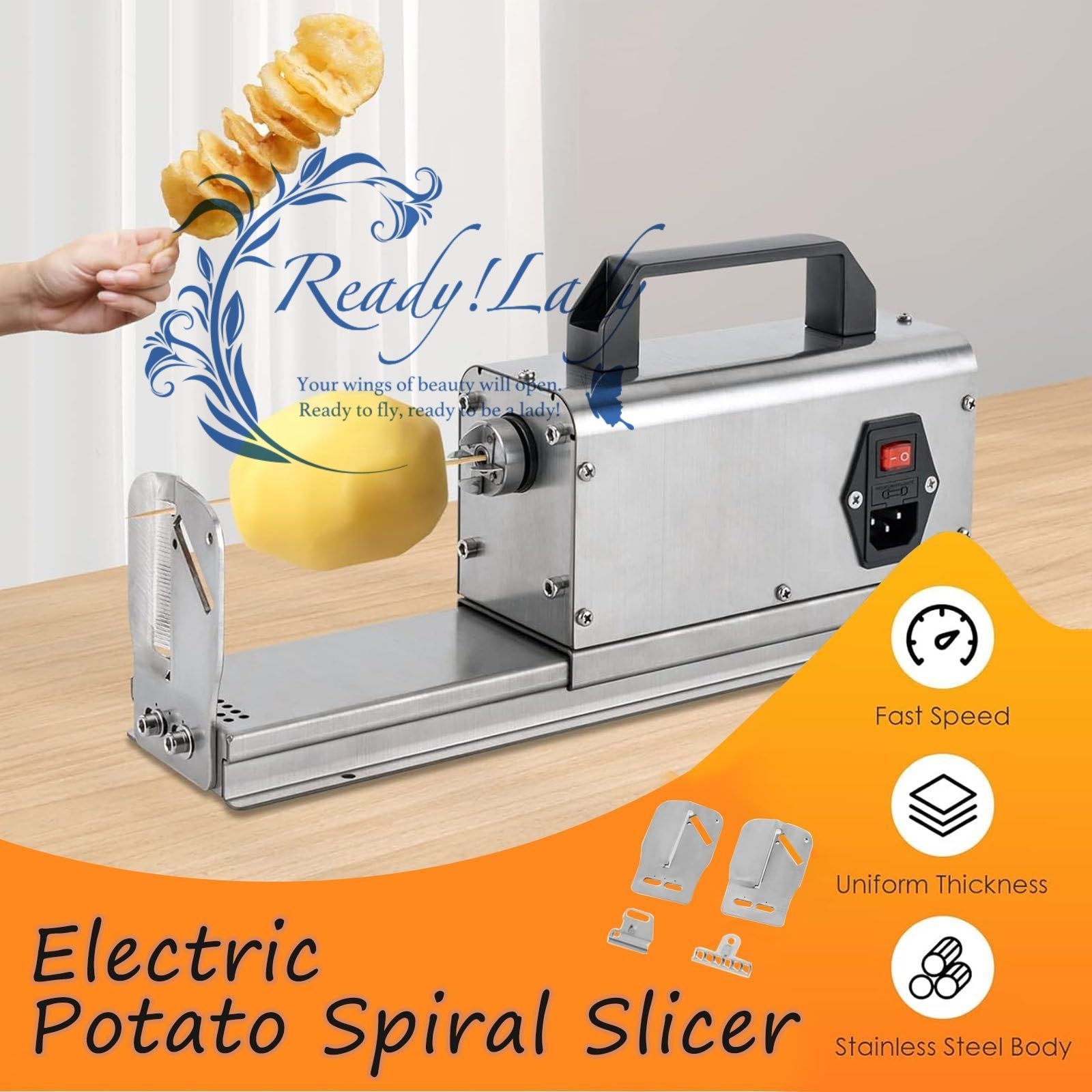 電動トルネードポテトスライサー - スパイラルポテトカッター ステンレススチール製野菜ツイストカッティングマシン 3種類の刃付き 家庭用商業用 回転速度 200 r|min 220 V