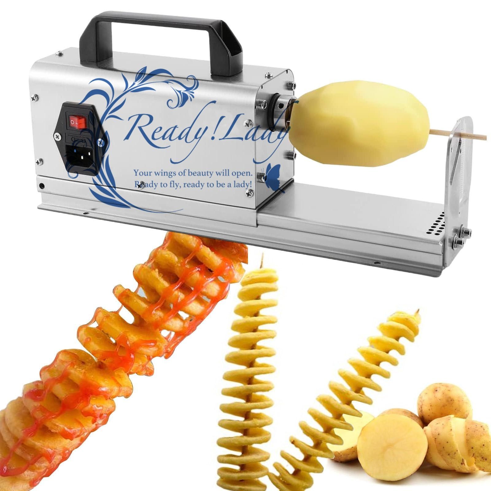 電動トルネードポテトスライサー - スパイラルポテトカッター ステンレススチール製野菜ツイストカッティングマシン 3種類の刃付き 家庭用商業用 回転速度 200 r|min 220 V