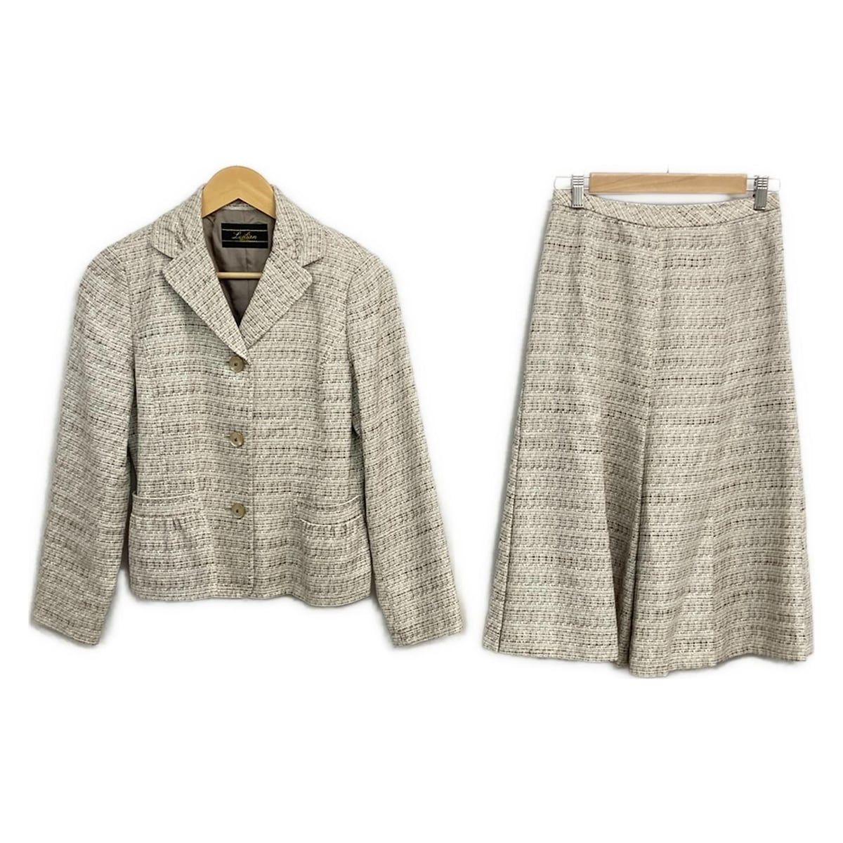 Leilian レリアン スカートスーツ レディース - アイボリー×ブラウン ツイード ラメ