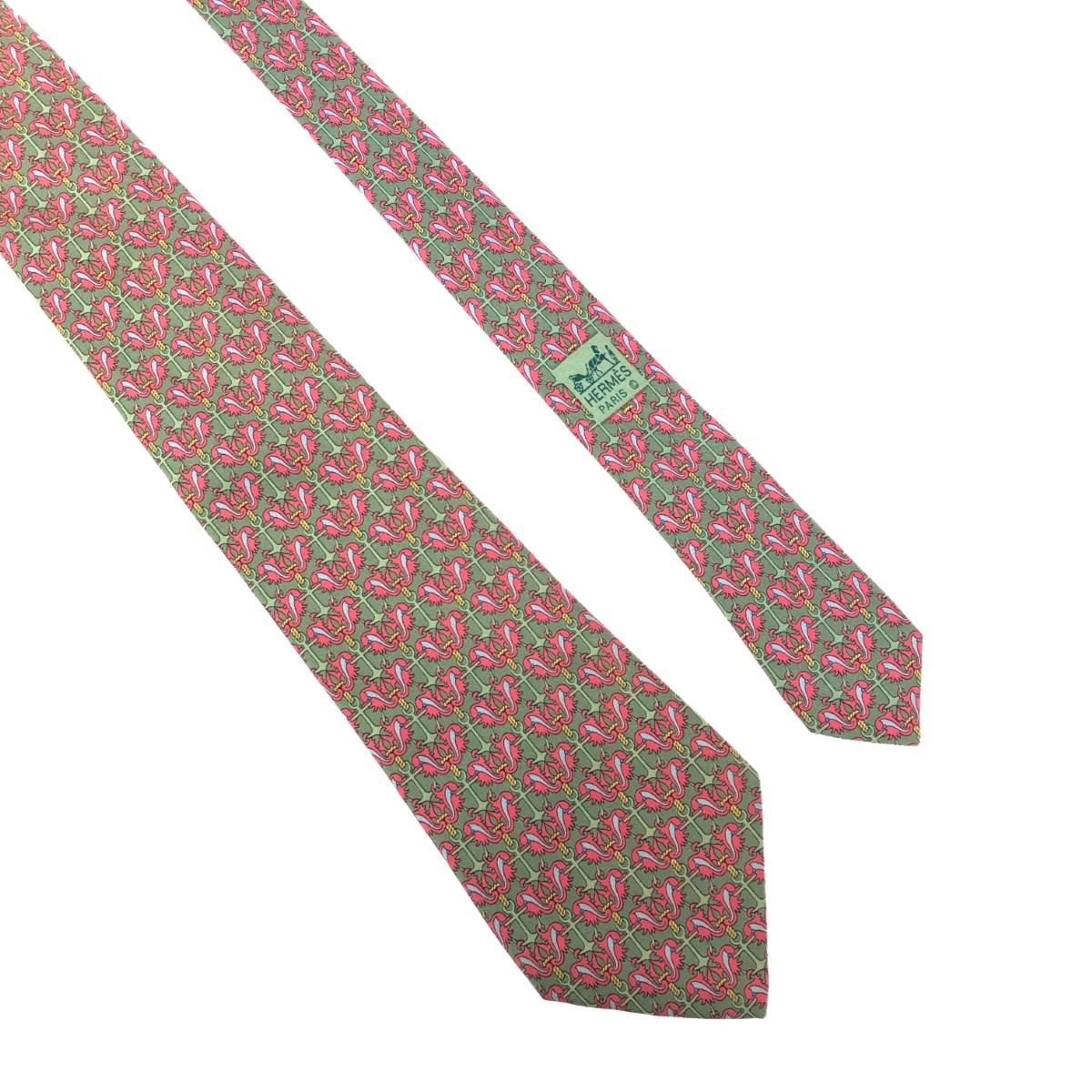 HERMES エルメス ネクタイ 総柄/シルク/グリーングレー シルク100