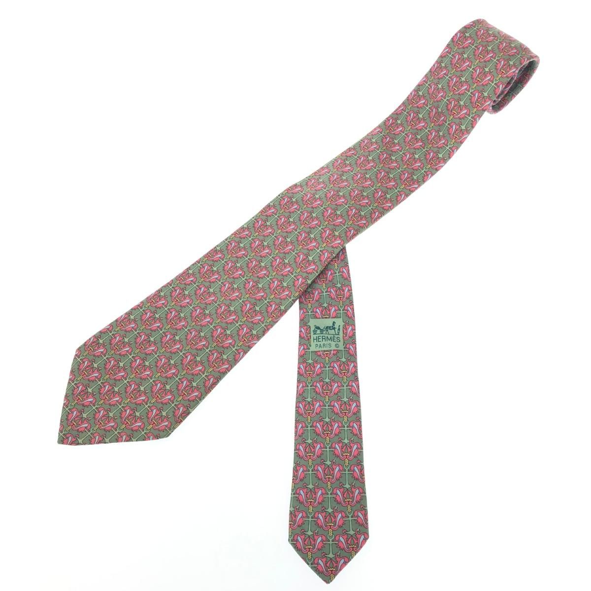 HERMES エルメス ネクタイ 総柄/シルク/グリーングレー シルク100
