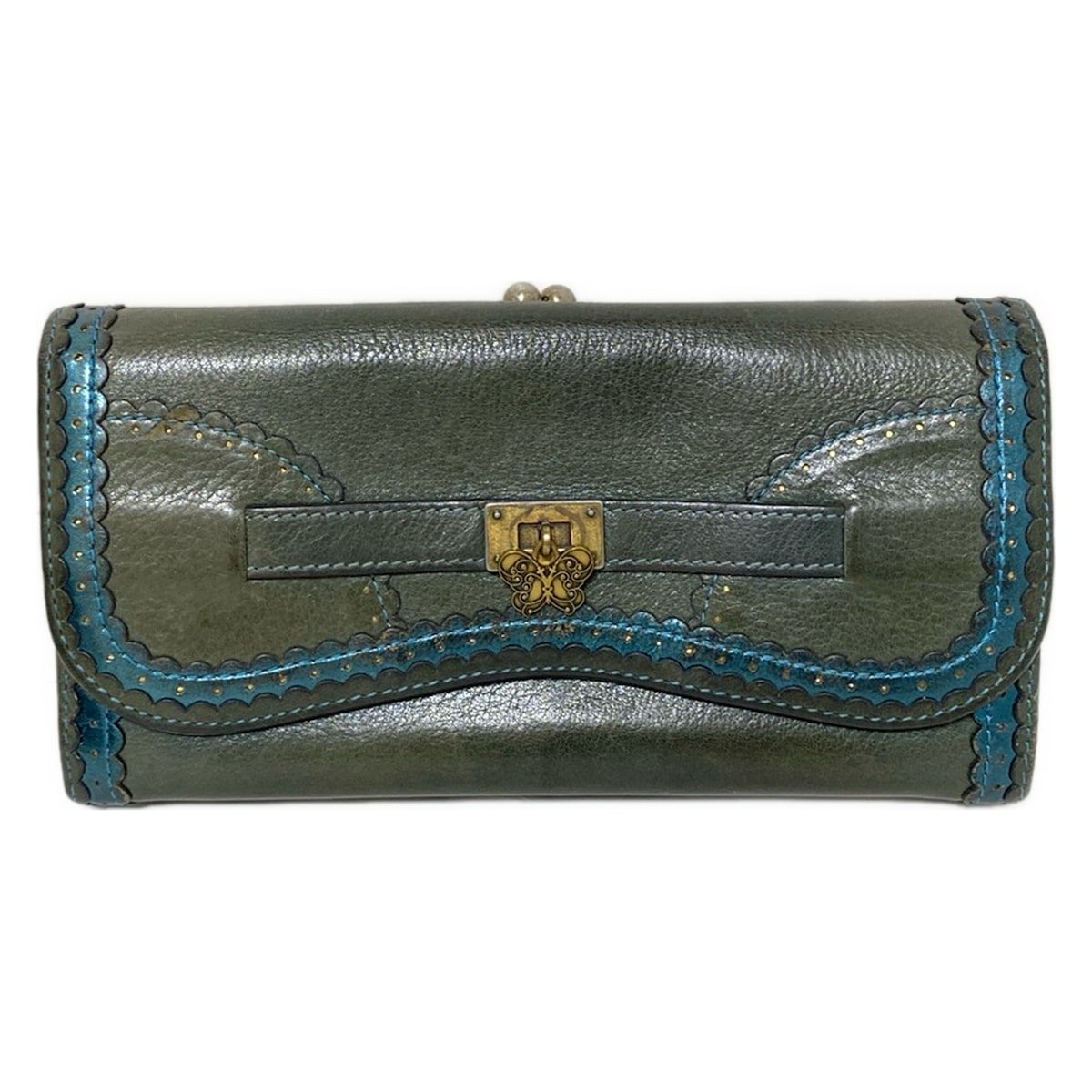 ANNA SUI(アナスイ) 長財布 ダークグリーン×ブルー がま口/バタフライ