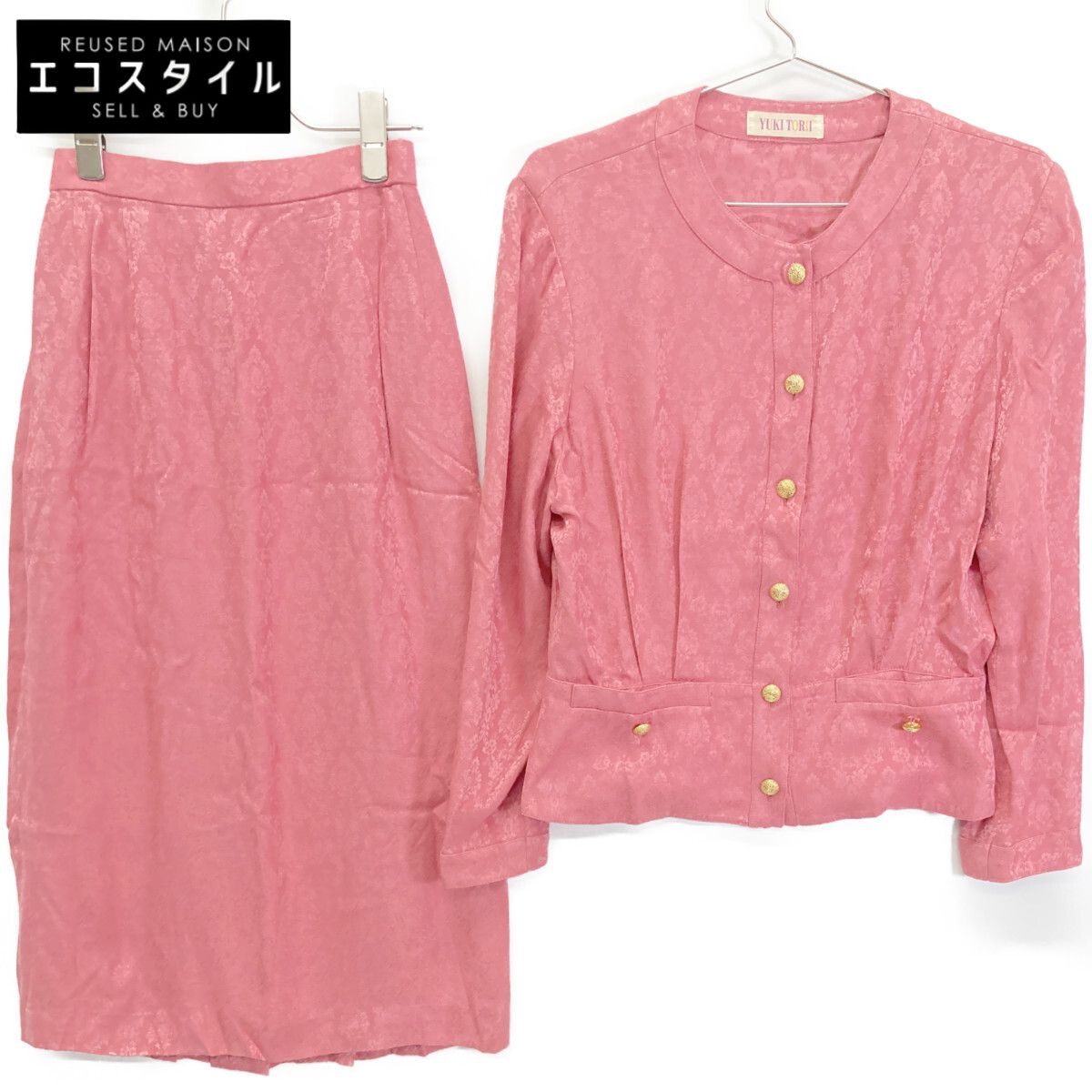 ユキトリイ ﾋﾟﾝｸ 金ﾎﾞﾀﾝ 総柄 ｽｶｰﾄ ｽｰﾂ 9