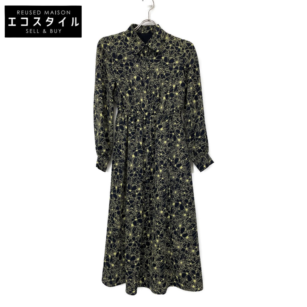 ANAYI アナイ 25年製 ﾌﾞﾗｯｸ×ｲｴﾛｰ ﾌﾗﾜｰ ﾛﾝｸﾞｽﾘｰﾌﾞｼｬﾂﾜﾝﾋﾟｰｽ 34