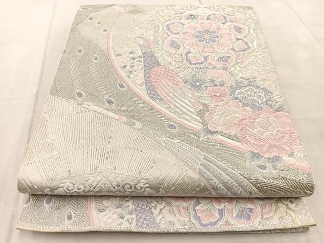 平和屋着物◎六通柄袋帯 唐織 九百錦 プラチナ箔 孔雀花文 銀糸 正絹