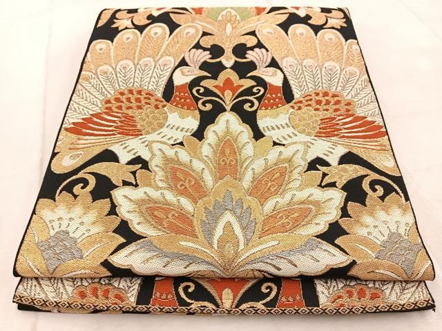 平和屋着物◎西陣 まいづる謹製 六通柄袋帯 唐織 孔雀更紗 黒地 金銀糸