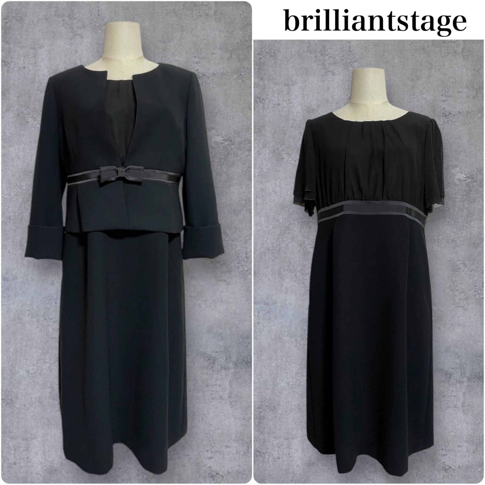 brilliantstage ブリリアントステージ 喪服 礼服 ワンピーススーツ ノーカラーりぼん付きジャケット シフォン切替ワンピース