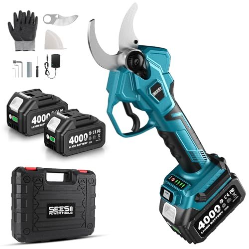 2025 SEESII充電式剪定ばさみ 電動剪定バサミ 開き口50 mm 高枝切りの延長ポールと接続 4000 mAh大容量バッテリー付き ブラシレスモーター採用 LEDディスプレイ搭載 4段階開き角度調節可 マキタ18 V互換 切れ味良い剪定