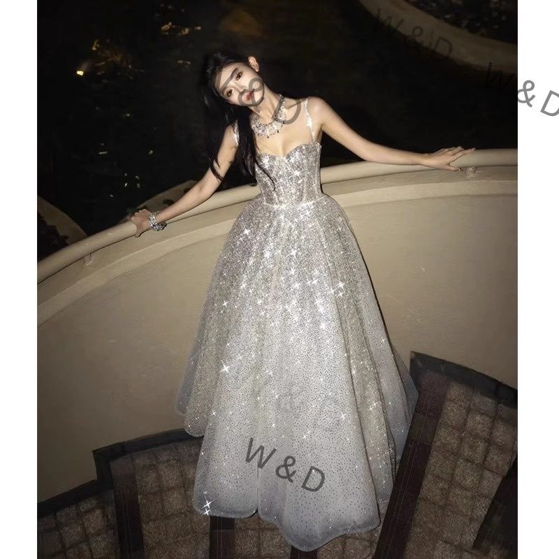 送料無料】シルバードレス スパンコール 上品 軽奢華 パーティー 司会