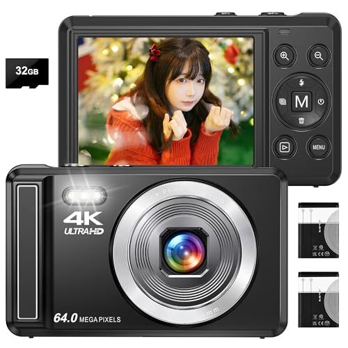 デジカメ 4 K 6400万画素 デジタルカメラ AFオートフォーカス 16 Xデジタルズーム 2.8インチ IPSスクリーン 笑顔検出 充電 YouTubeカメラ 初心者向け ウェブカメラ VLOG 新年 軽量 携帯便利 32 GBMicrpo