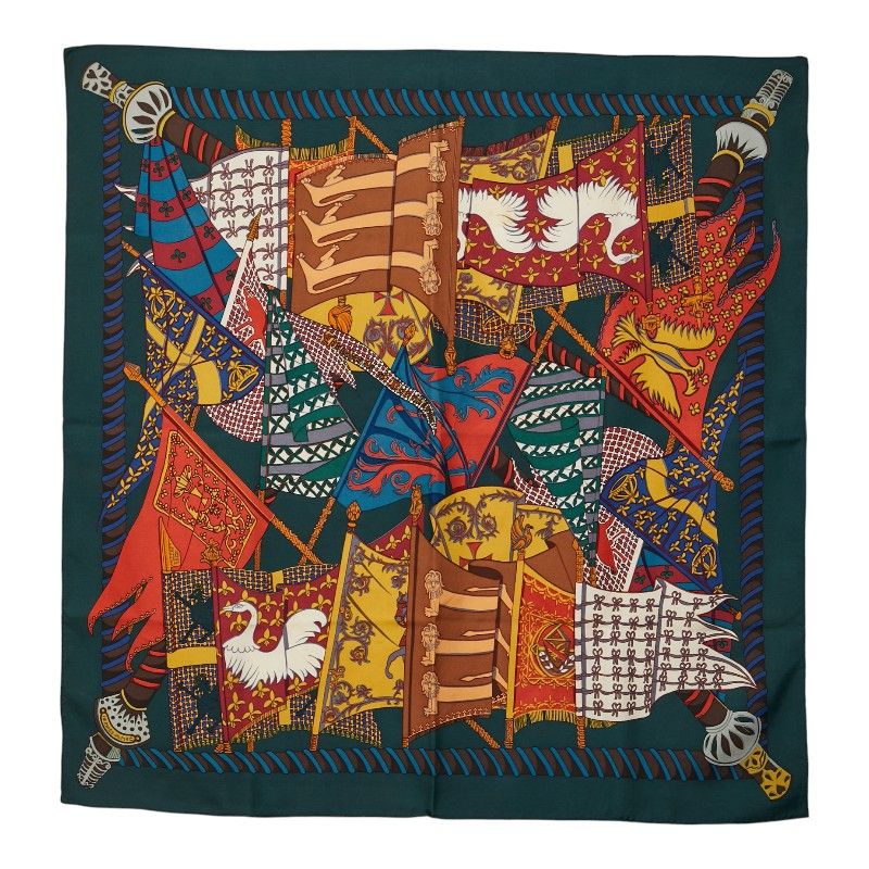 エルメス カレ90 Etendards et Bonnieres 旗 グリーン マルチカラー