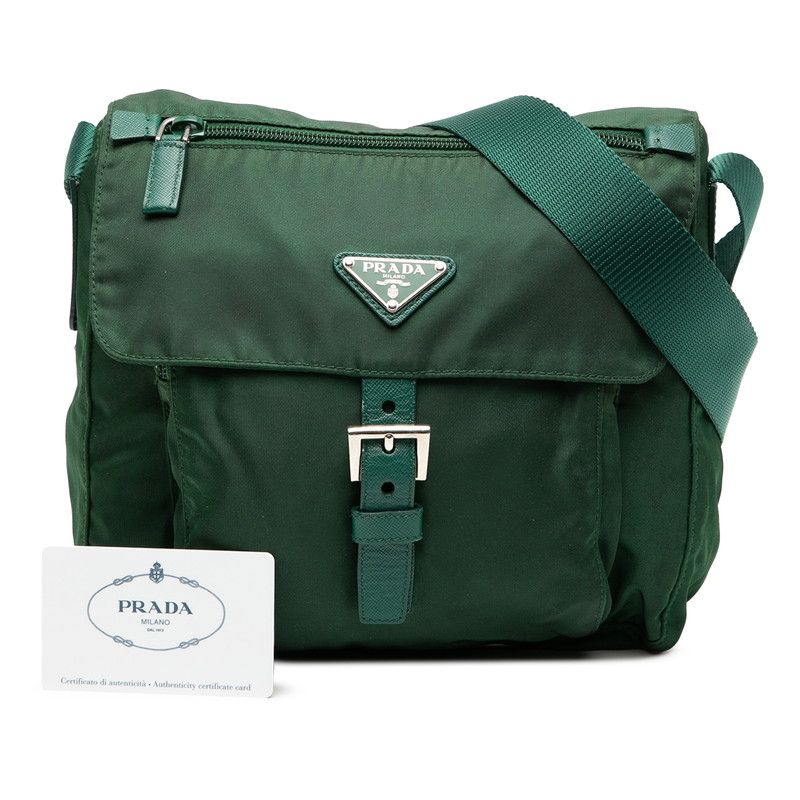 プラダ ショルダーバッグ レザー×ナイロン 三角ロゴ ベルト グリーン プラダ ショルダーバッグ レザー×ナイロン 三角ロゴ ベルト グリーン系