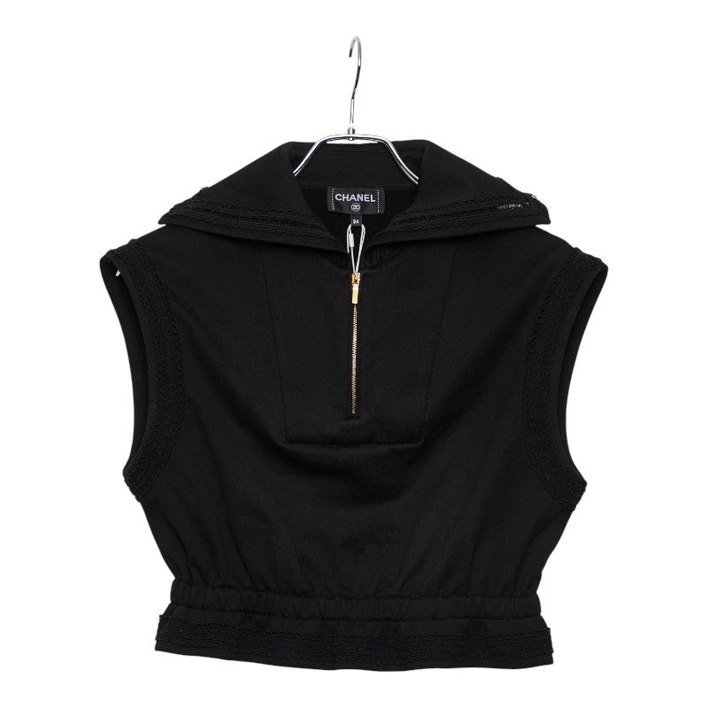 シャネル ココビーチ ノースリーブ ハーフジップトップス サイズ34 ブラック コットン レディース CHANEL 248 46993