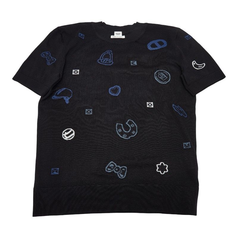 エルメス キャンディ リブリス ニット 半袖 サイズ 34 ブラック ブルー ウール レディース HERMES 248 46995