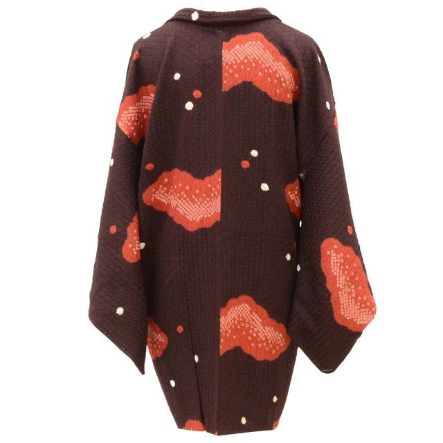 長羽織 リサイクル着物 正絹 ♥品 絞り ふくれ織 身丈84 cm 裄丈67.5 茶 雲取り ロング丈 SILK リユース uu 2241 b