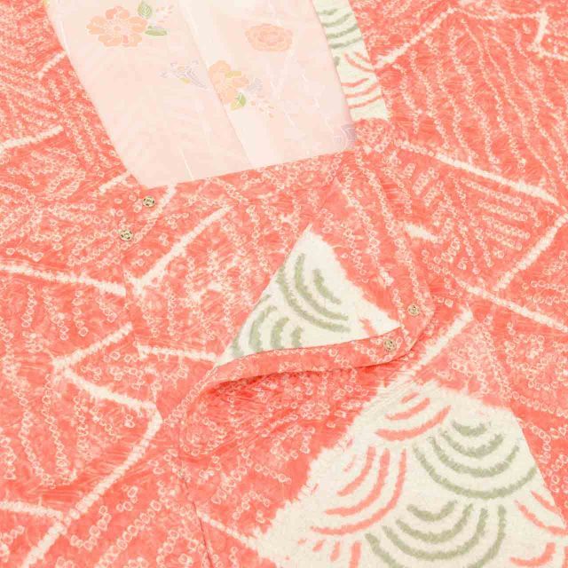  道行コート リサイクル着物 正絹 総絞り 赤 花 青海波 ロング丈 身丈91 cm 裄丈65.5 SILK リユース uu 2235 b その他 着物