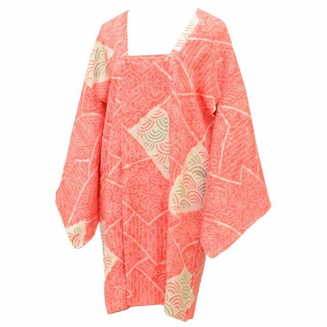 道行コート リサイクル着物 正絹 ♥品 総絞り 赤 花 青海波 ロング丈 身丈91 cm 裄丈65.5 SILK リユース uu 2235 b