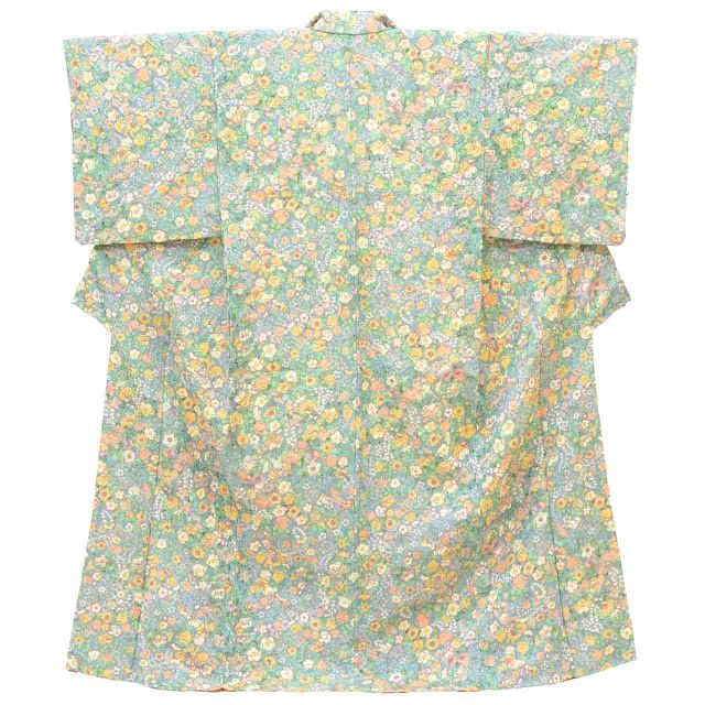 リサイクル着物 小紋 着物 正絹 絹 Lサイズ ちょっとふくよかL 特品 身丈161.8 cm ふくれ織 裄丈66 袷 仕立て上がり 青 辻が花柄 SILK シルク リユース uu 2217 b