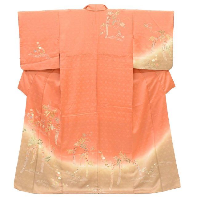 リサイクル着物 訪問着 正絹 絹 Mサイズ ちょっとふくよかL 特品 身丈160 cm 裄丈64.7 袷 仕立て上がり 金駒刺繍 金彩 茶 草花 SILK シルク リユース uu 2214 b