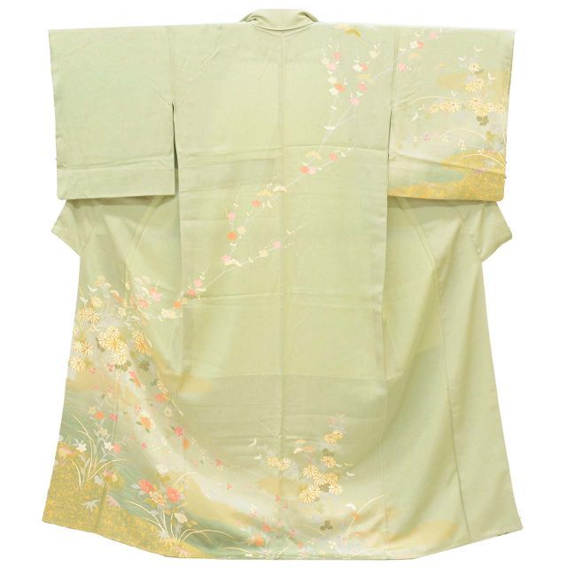 リサイクル着物 訪問着 正絹 絹 Mサイズ ちょっとふくよかL 特品 身丈159 cm 裄丈66 胴抜き仕立て 仕立て上がり 友禅 金彩 金駒刺繍 緑 草花 流水 SILK シルク リユース uu 2212 b