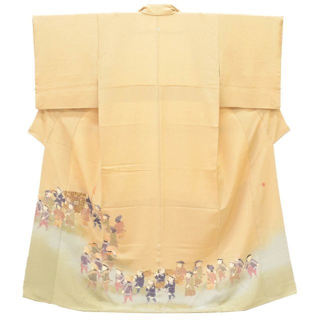 色留袖 リサイクル着物 正絹 絹 Mサイズ ちょっとふくよかL 特品 身丈160 cm 裄丈63 袷 仕立て上がり 一つ紋 落款有り 作家物 金彩 茶 童子大名行列 SILK シルク リユース uu 2200 b