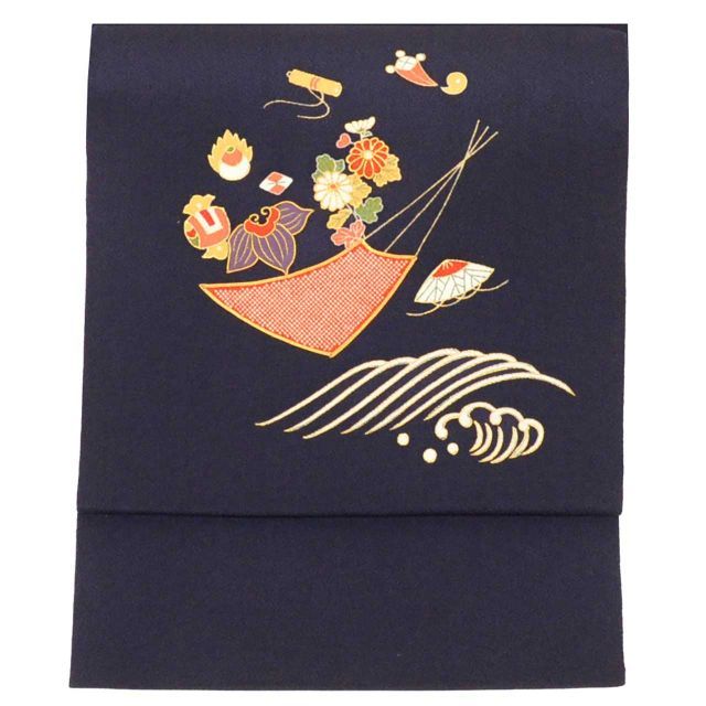 リサイクル 名古屋帯 帯 正絹 絹 縮緬 九寸帯 金駒刺繍 越後屋謹製 紫 宝尽し 特品 セミフォーマル お太鼓柄 帯芯あり 着物 SILK シルク kimono リユース uu 2187 b