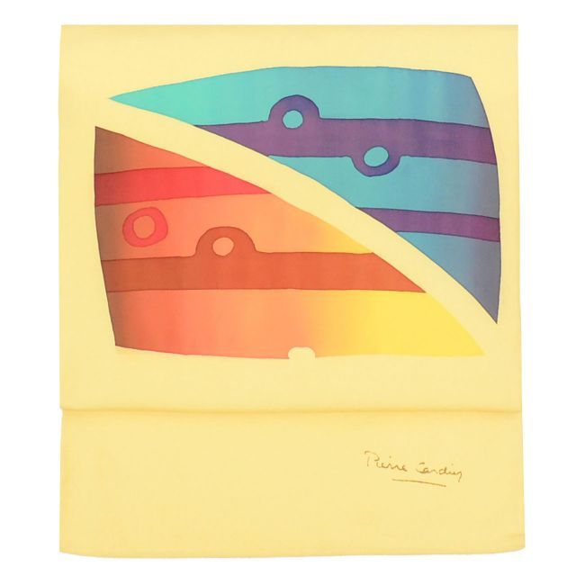 リサイクル名古屋帯 帯 名古屋帯 正絹 絹 九寸帯 塩瀬 染め帯 ピエールカルダン pierre cardin 黄 幾何学 特品 カジュアル お太鼓柄 帯芯あり 着物 SILK シルク kimono リユース uu 2183 b